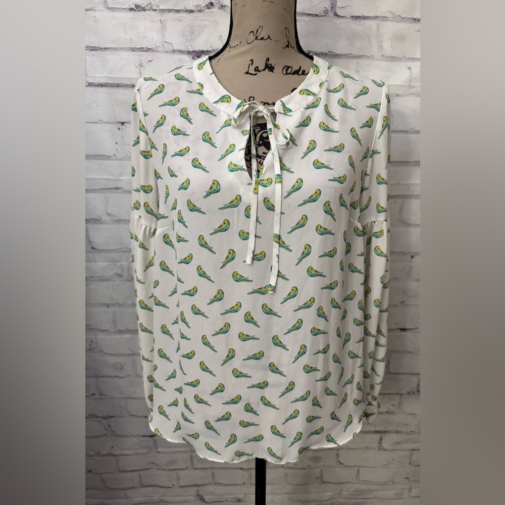 Rose + Olive Long Sleeve White Blouse Pastel Parakeet Birds Med‎ Boho Feminine